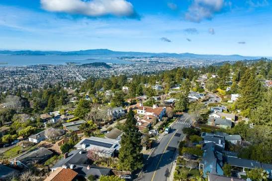 Aerial view of the Berkeley Hills overlooking the San Francisco Bay