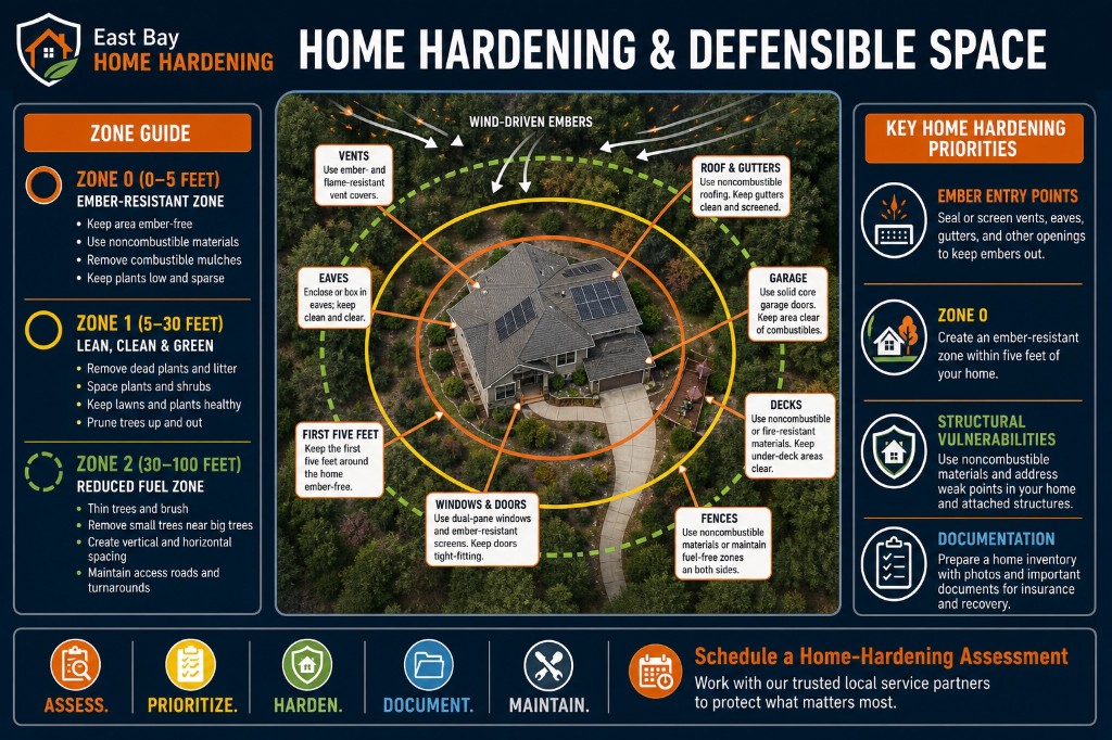 Home hardening and defensible space guide with Zone 0 through Zone 2, vent and roof callouts, and key priorities for East Bay homes