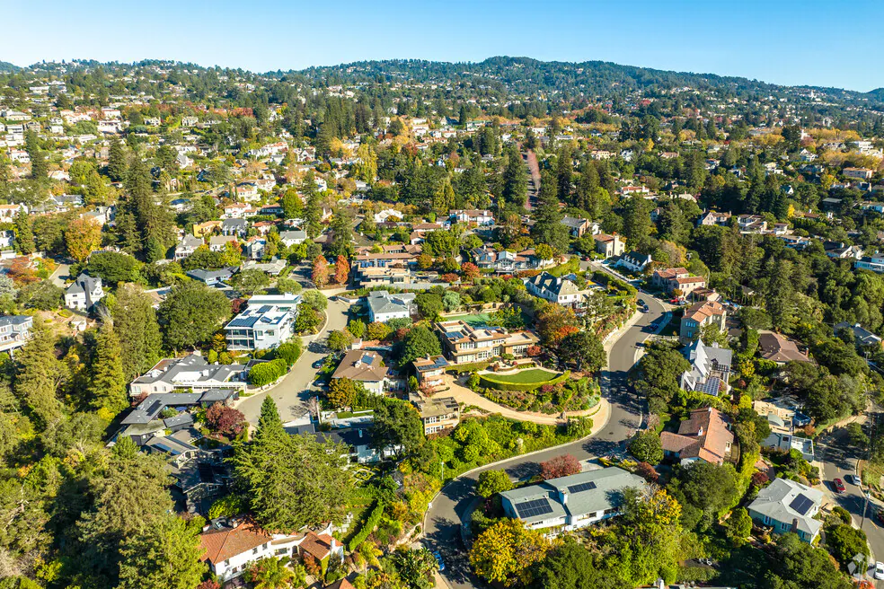 Aerial view of Piedmont hillside homes among mature trees